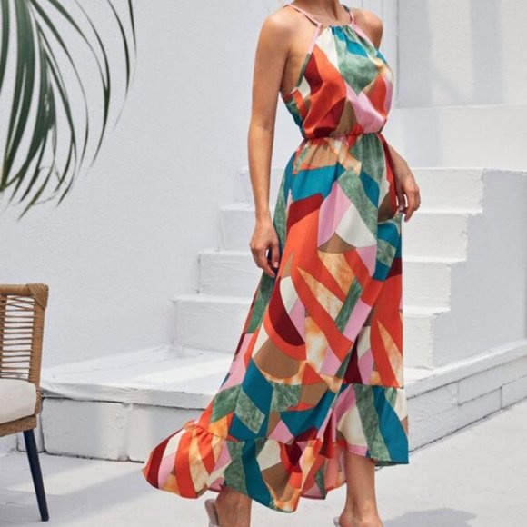Multicolor Halter Ruffle Hem Maxi Dress - Picture 4 of 8